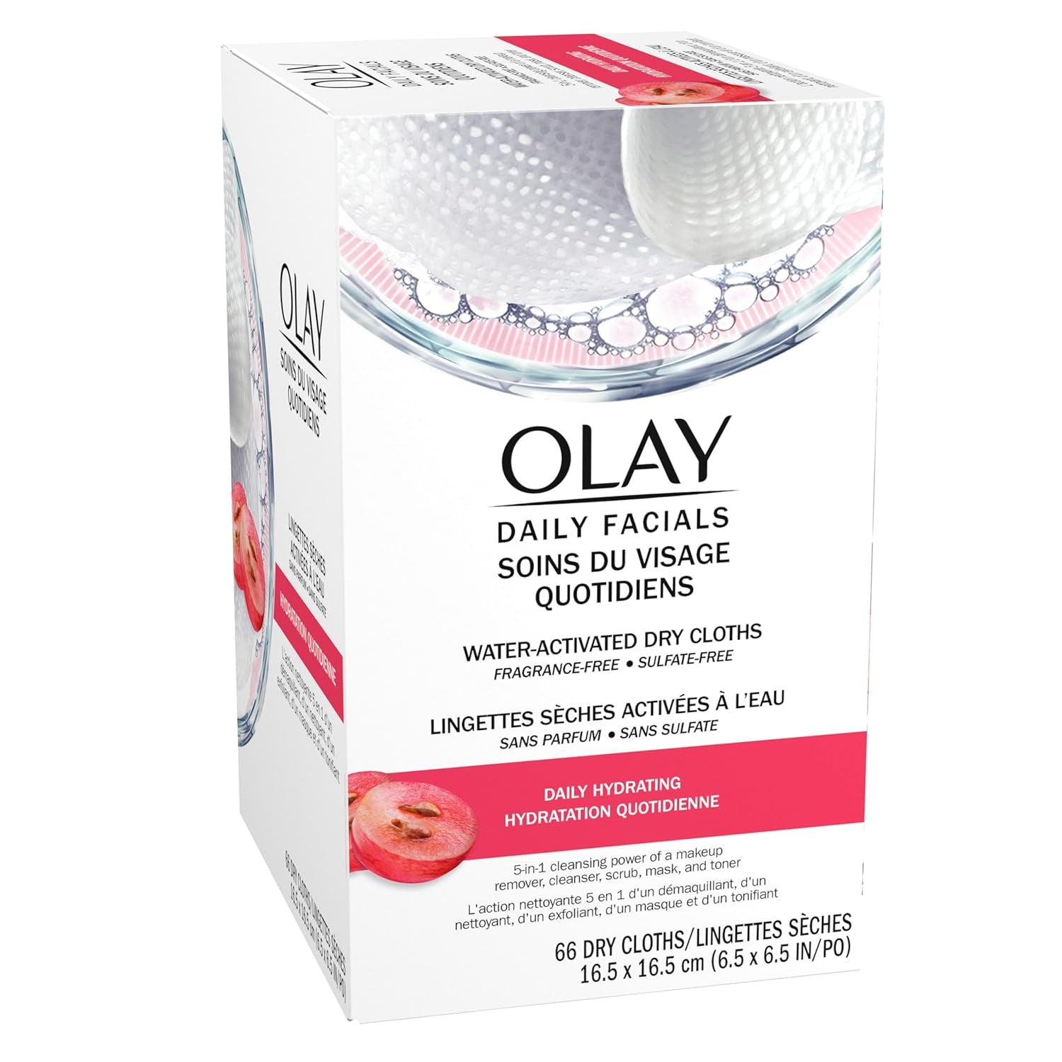 Daily Facials, Daily Clean Makeup Removing Facial Cleansing Wipes, 5-In-1 Water Activated Cloths, Exfoliates, Tones and Hydrates Skin, 66 Count