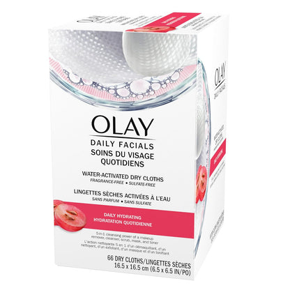 Daily Facials, Daily Clean Makeup Removing Facial Cleansing Wipes, 5-In-1 Water Activated Cloths, Exfoliates, Tones and Hydrates Skin, 66 Count